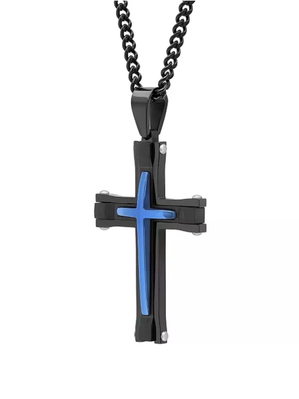 Men's Stacked Cross Pendant Necklace Blue/Black - Picture 3 of 6